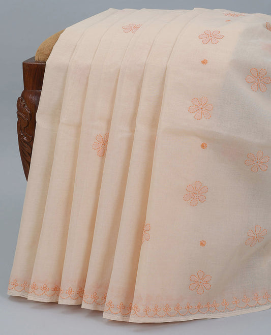 Beige floral embroidery lucknowi chikankari cotton saree,self-border & floral embroidered pallu