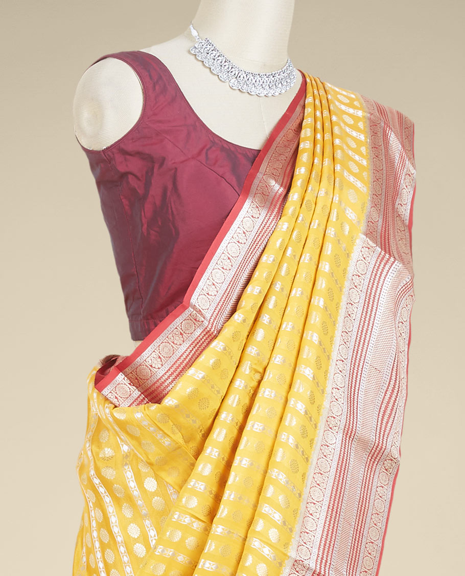 Yellow mysore silk saree with zari designs, contrast traditional zari design border & pallu of jaal designs