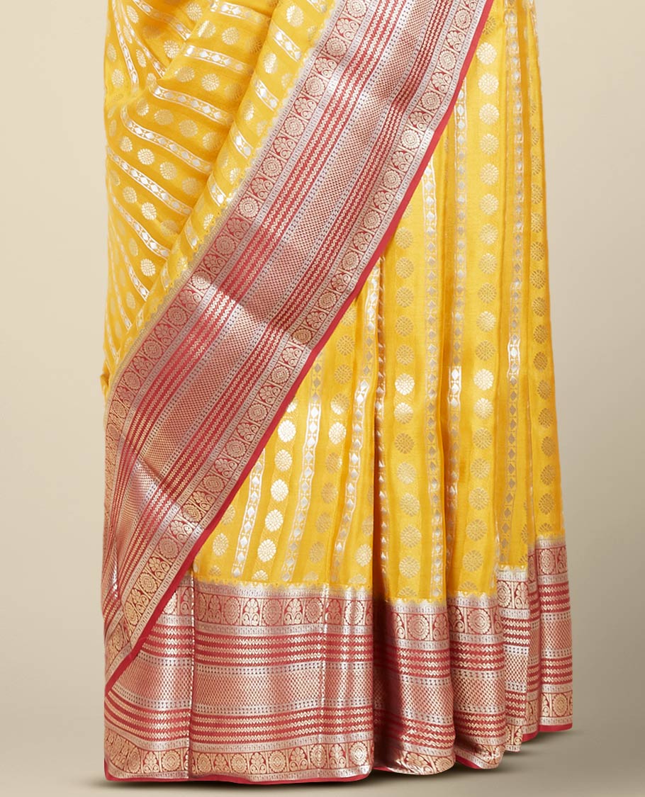 Yellow mysore silk saree with zari designs, contrast traditional zari design border & pallu of jaal designs