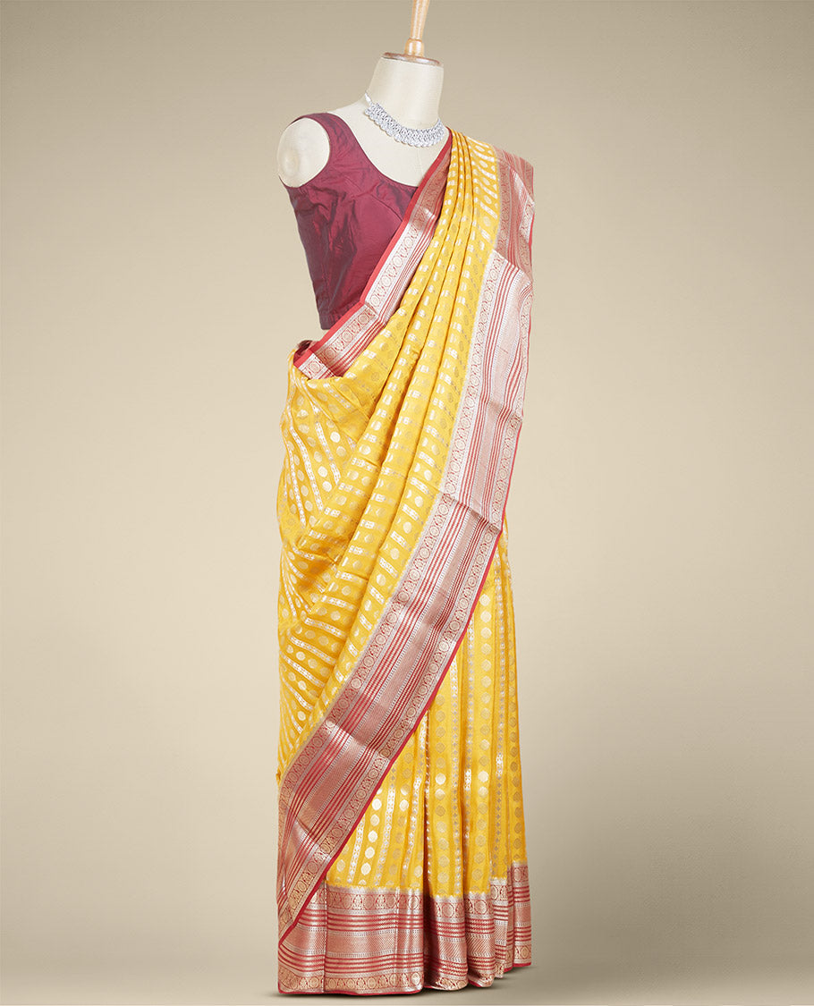 Yellow mysore silk saree with zari designs, contrast traditional zari design border & pallu of jaal designs