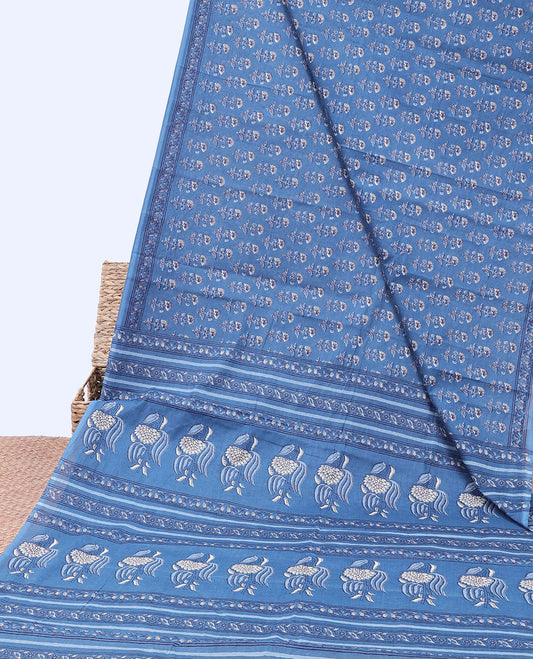 Blue mul-mul cotton saree with floral motifs, floral border & pallu of floral print
