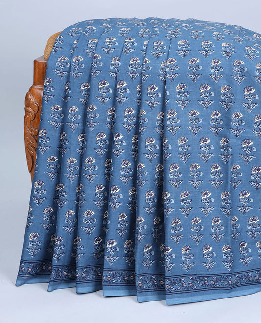 Blue mul-mul cotton saree with floral motifs, floral border & pallu of floral print
