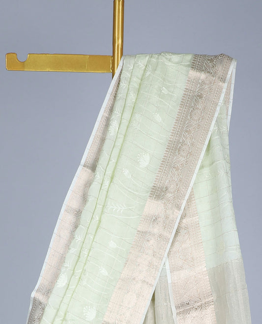 Green checked semi-banaras crepe saree with floral vine, traditional design border & zari striped pallu