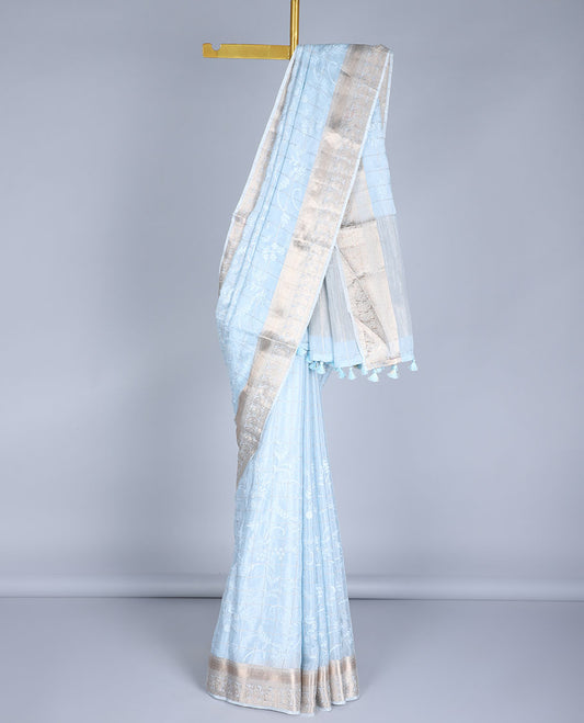 Blue checked semi-banaras crepe saree with floral vine, traditional design border & zari striped pallu