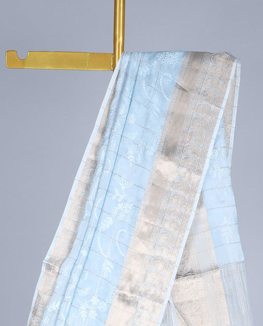 Blue checked semi-banaras crepe saree with floral vine, traditional design border & zari striped pallu