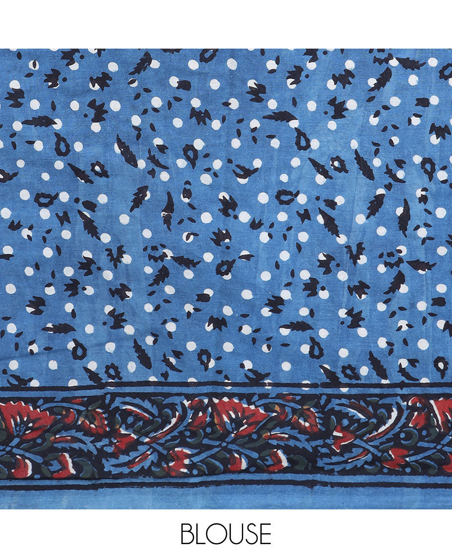Blue floral vine printed mul-mul cotton saree, floral border & pallu stepped with chevron stripes