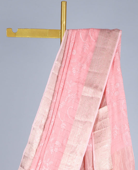 Pink checked semi-banaras crepe saree with floral vine, traditional design border & zari striped pallu