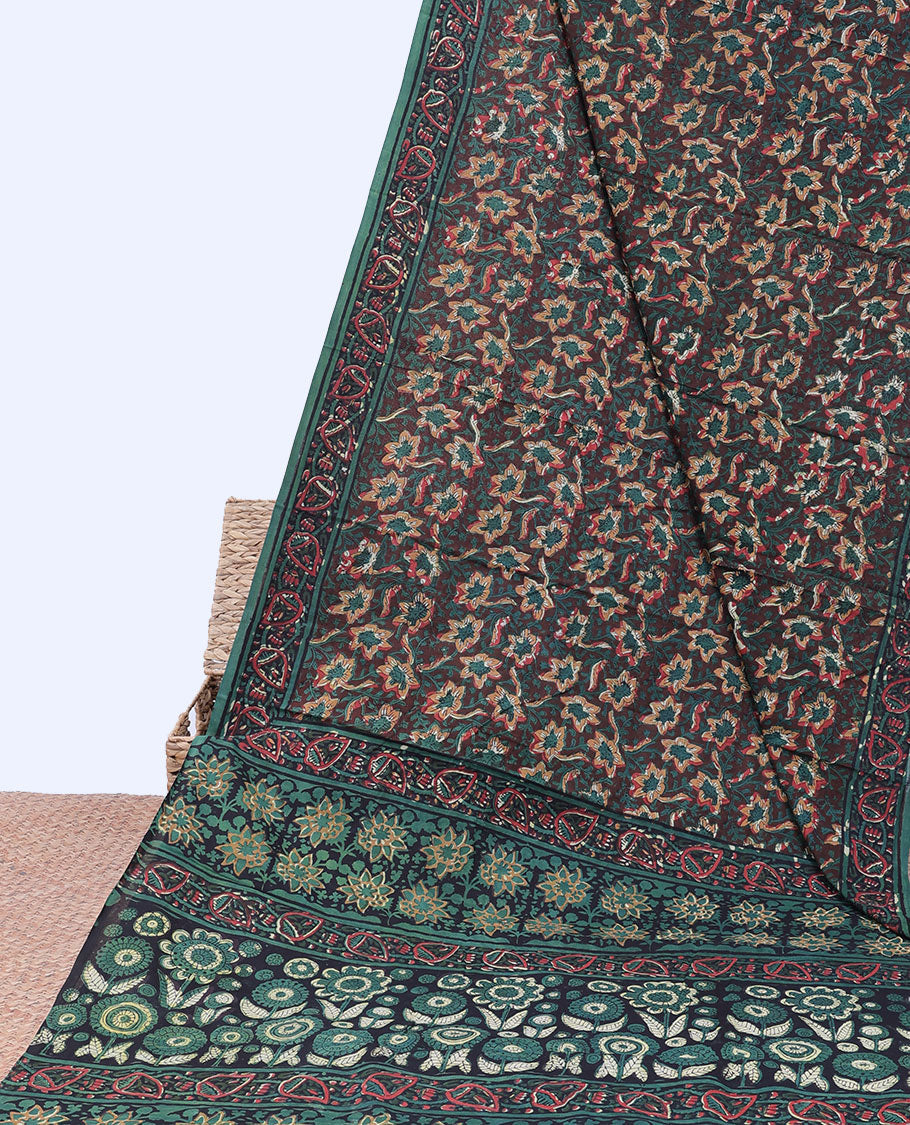 Brown floral vine printed mul-mul cotton saree, contrast floral border & pallu stepped with floral designs