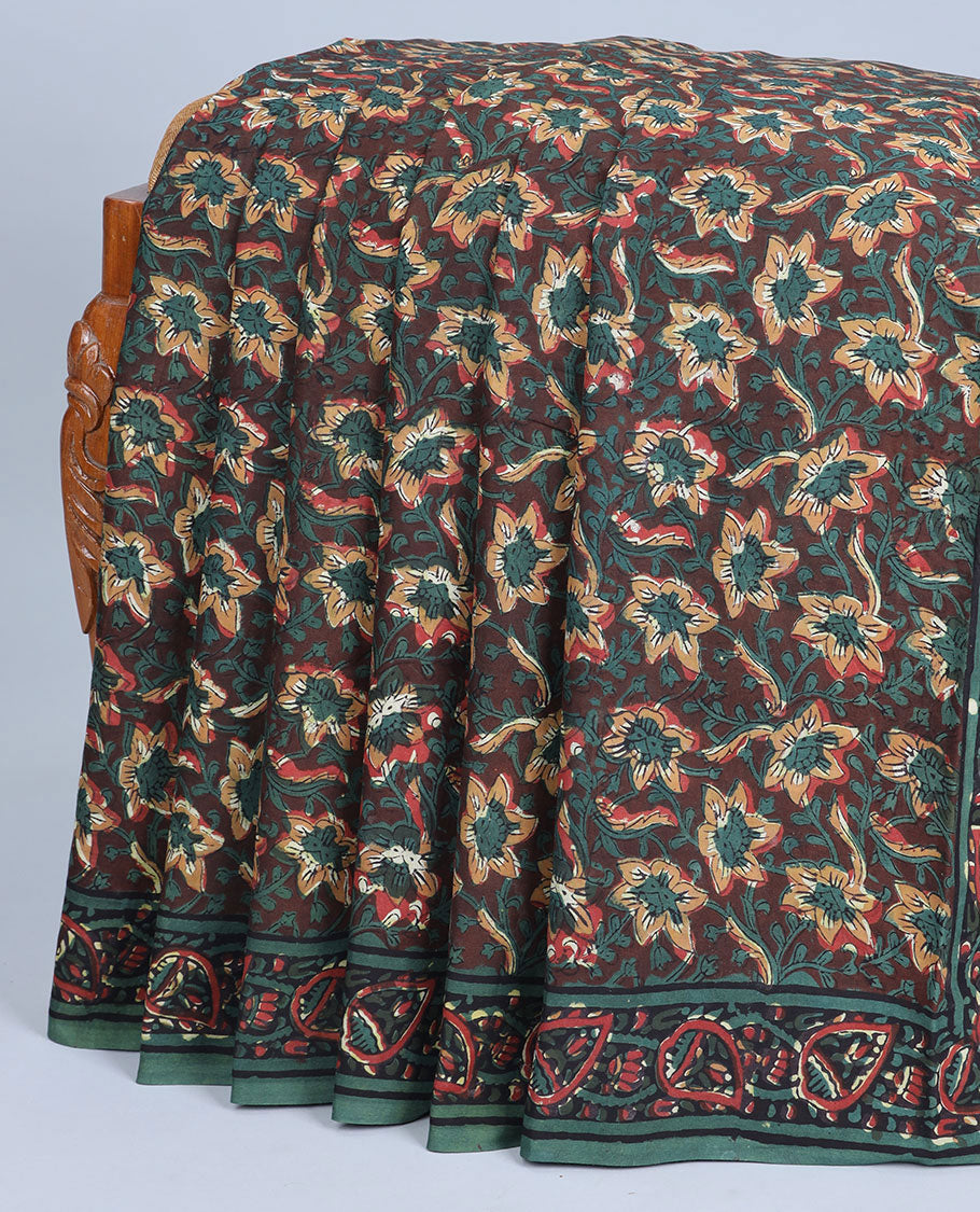 Brown floral vine printed mul-mul cotton saree, contrast floral border & pallu stepped with floral designs