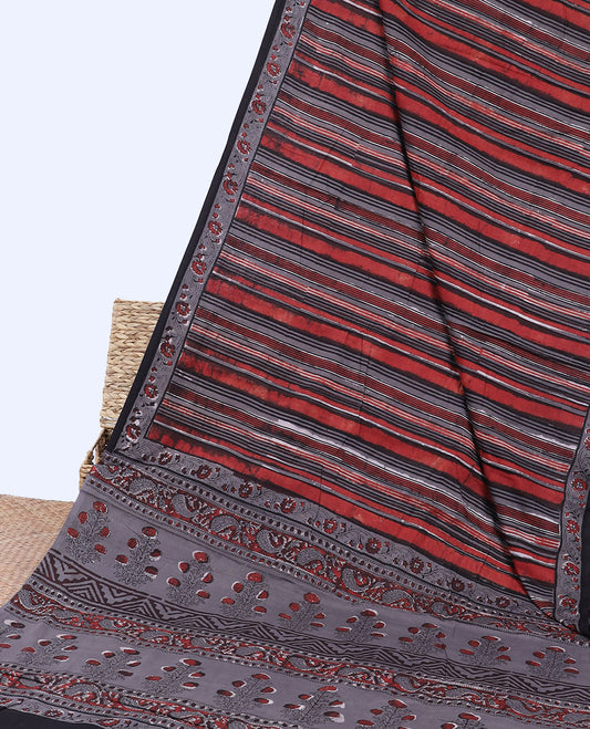 Multi-color striped mul-mul cotton saree, contrast floral creeper border & pallu of floral & paisley print