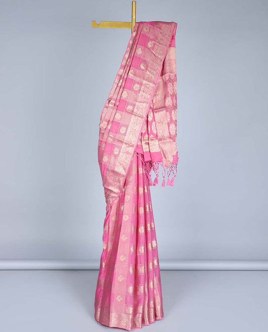 Pink checked design semi-banaras chiffon saree with buttas, traditional design border & floral design pallu