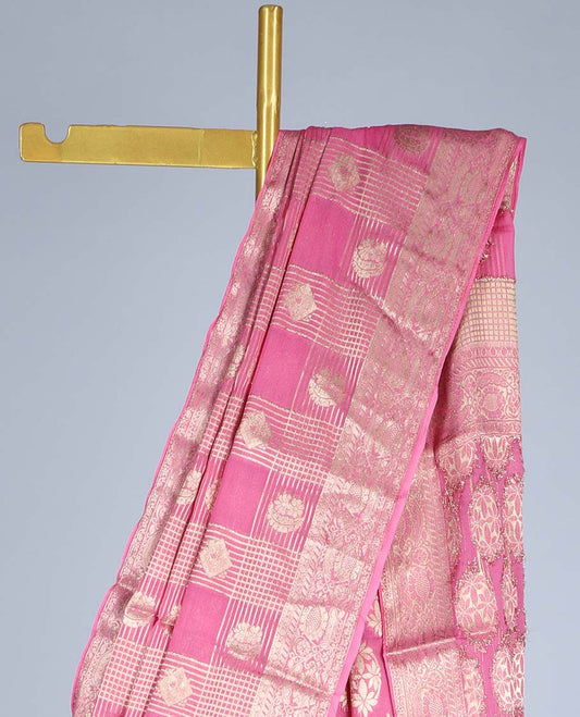 Pink checked design semi-banaras chiffon saree with buttas, traditional design border & floral design pallu