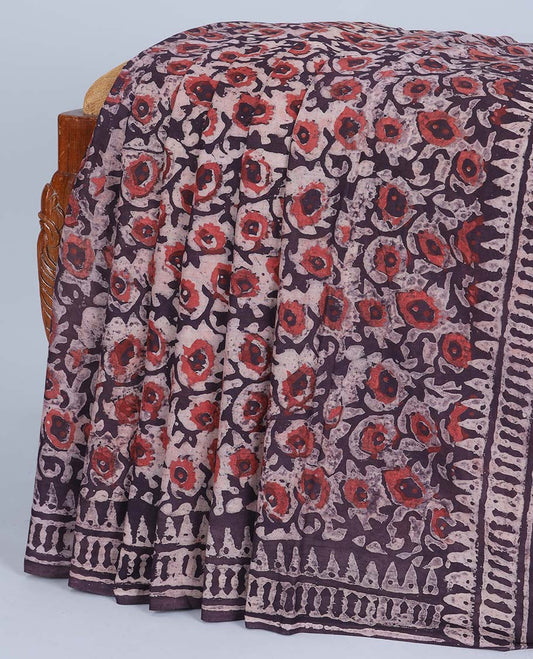 Brown floral vine printed mul-mul cotton saree, batik-style geometric border & pallu of batik-style floral print