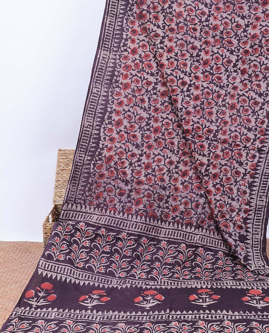 Brown floral vine printed mul-mul cotton saree, batik-style geometric border & pallu of batik-style floral print