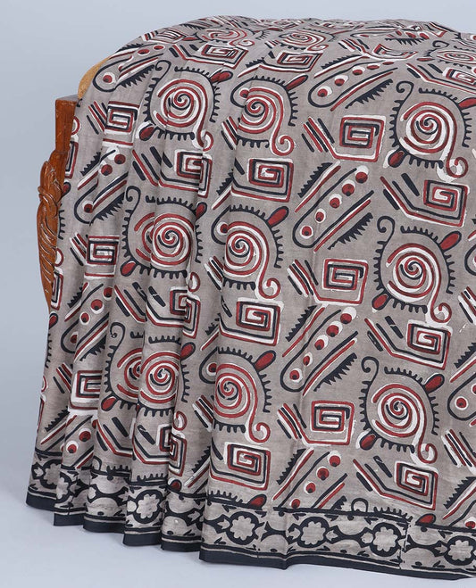 Grey geometric printed mul-mul cotton saree, self-border & pallu of chevron & floral creeper print