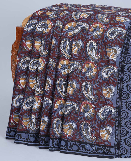 Maroon floral vine printed mul-mul cotton saree, contrast floral creeper border & pallu of paisley print