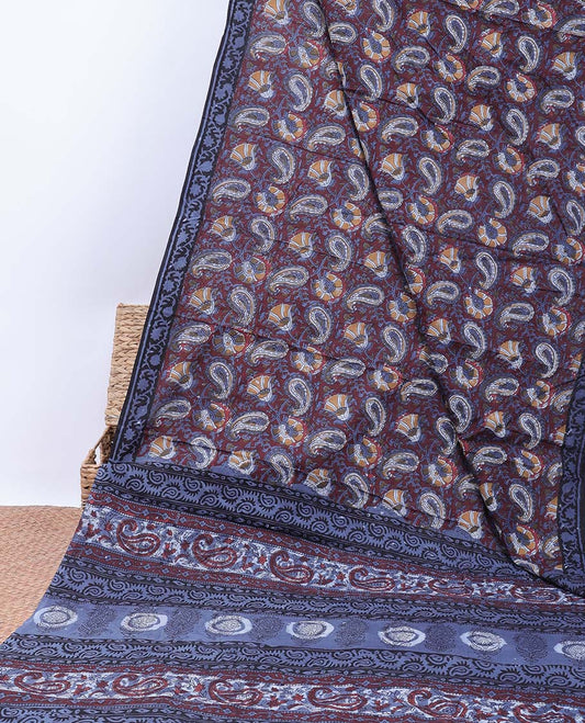 Maroon floral vine printed mul-mul cotton saree, contrast floral creeper border & pallu of paisley print