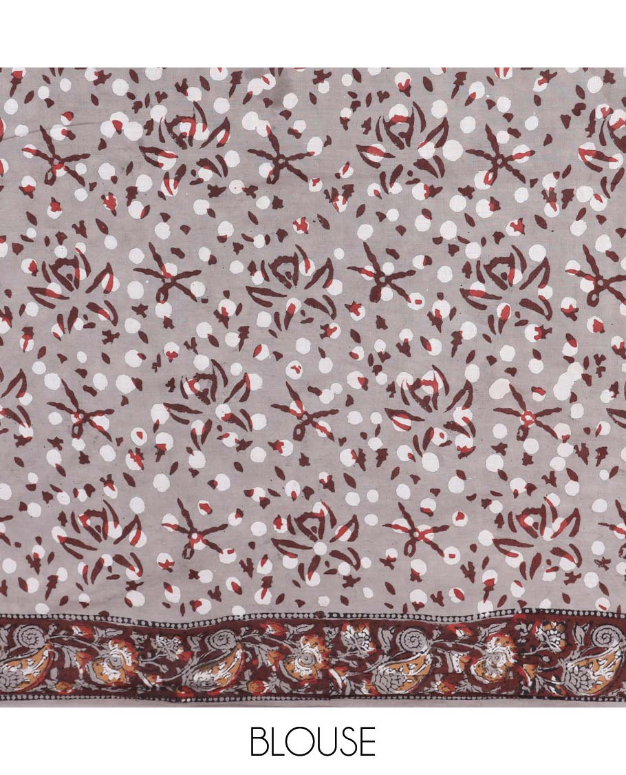 Black floral printed mul-mul cotton saree, contrast paisley print border & pallu of floral vine print