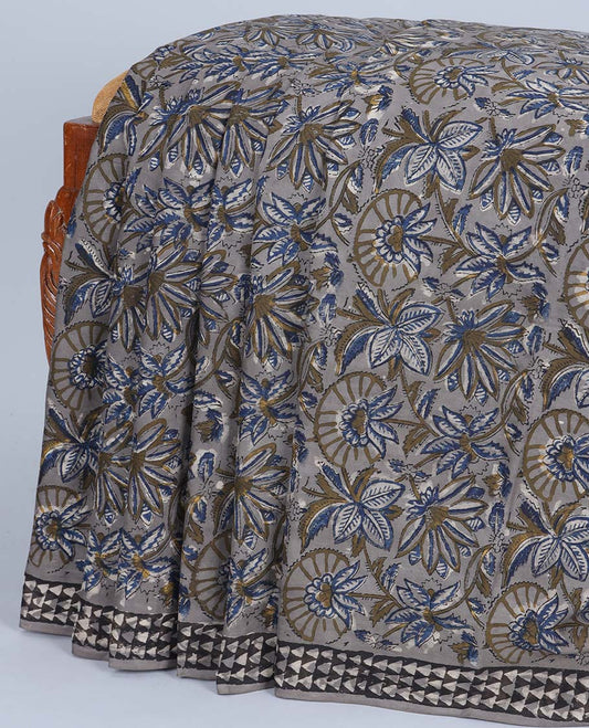 Grey floral vine printed mul-mul cotton saree,triangle print border & pallu of floral,geometric & paisley print