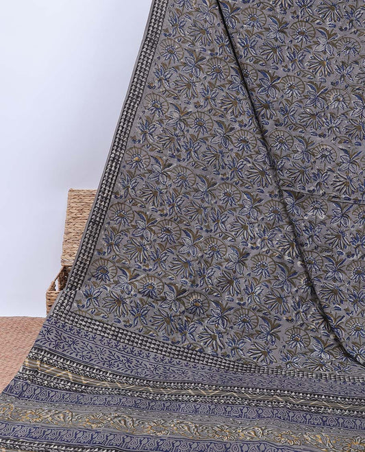 Grey floral vine printed mul-mul cotton saree,triangle print border & pallu of floral,geometric & paisley print