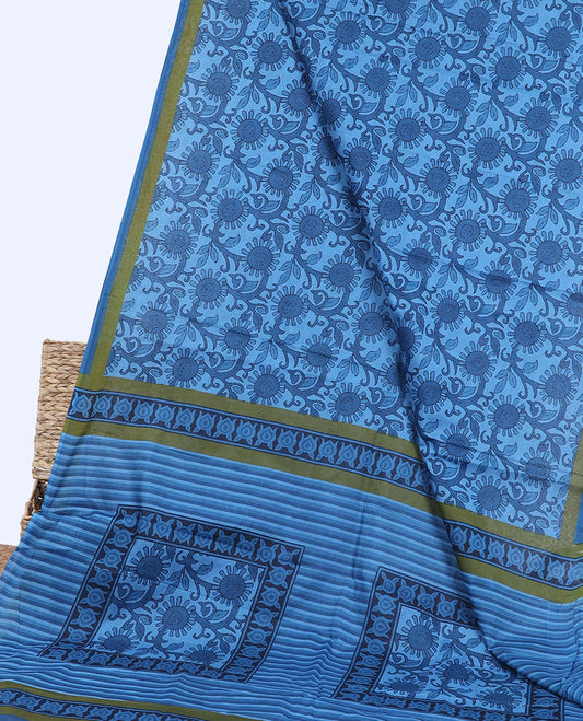 Blue floral vine printed mul-mul cotton saree, contrast border & pallu of stripes & floral print
