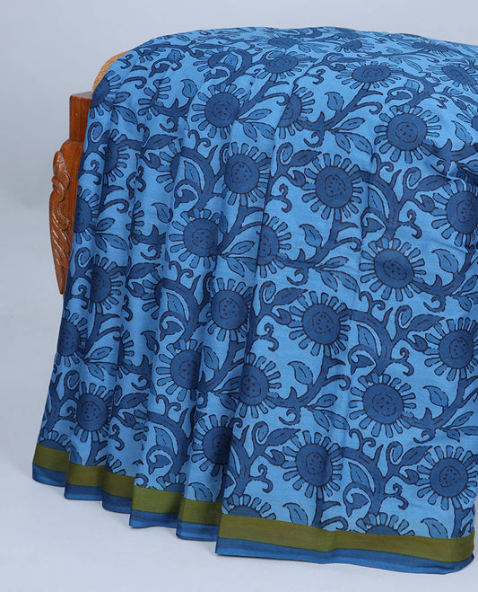 Blue floral vine printed mul-mul cotton saree, contrast border & pallu of stripes & floral print