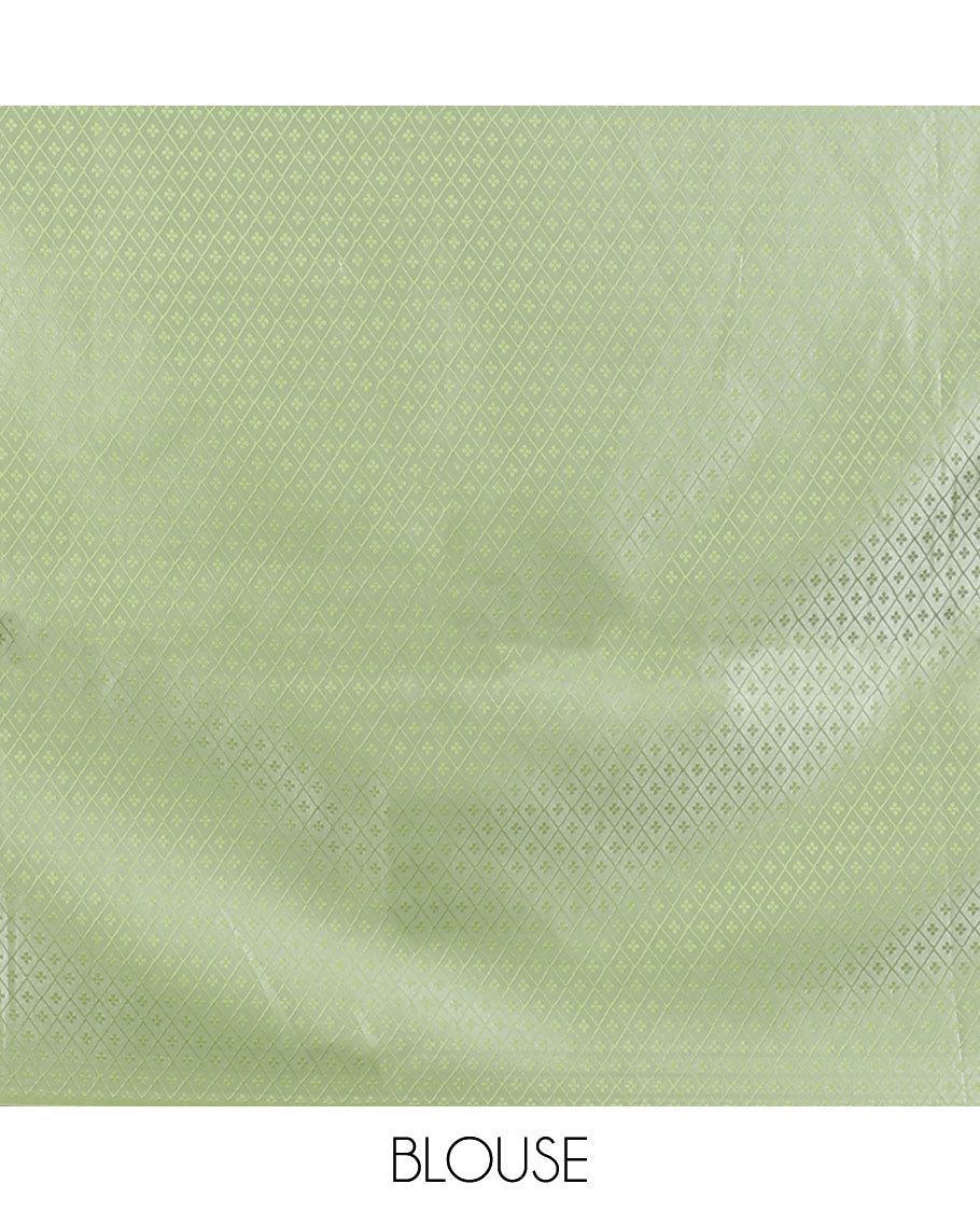 Green ogee jacquard semi banaras satin saree, floral creeper zari border & pallu of floral designs