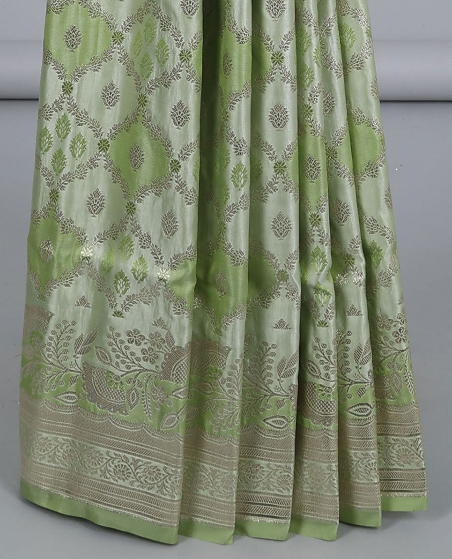 Green ogee jacquard semi banaras satin saree, floral creeper zari border & pallu of floral designs