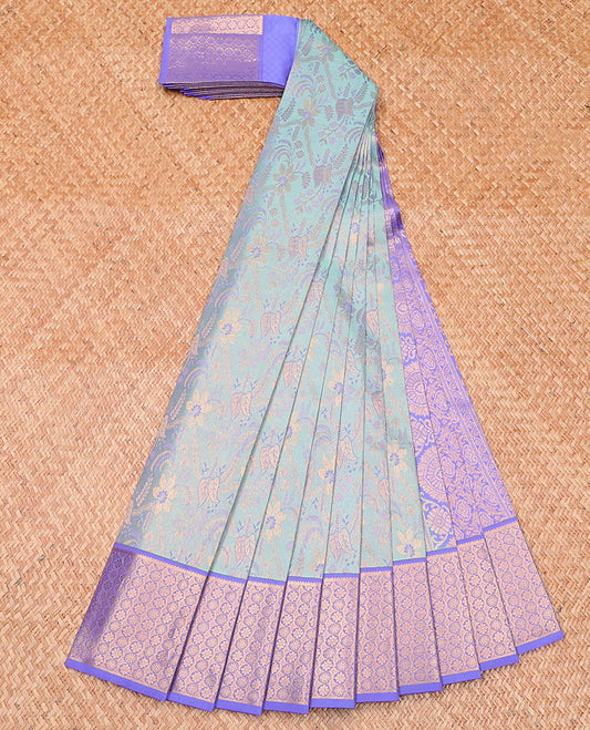 Blue jacquard wedding silksaree, contrast intricately designed pallu & zari border of rekku & floral designs