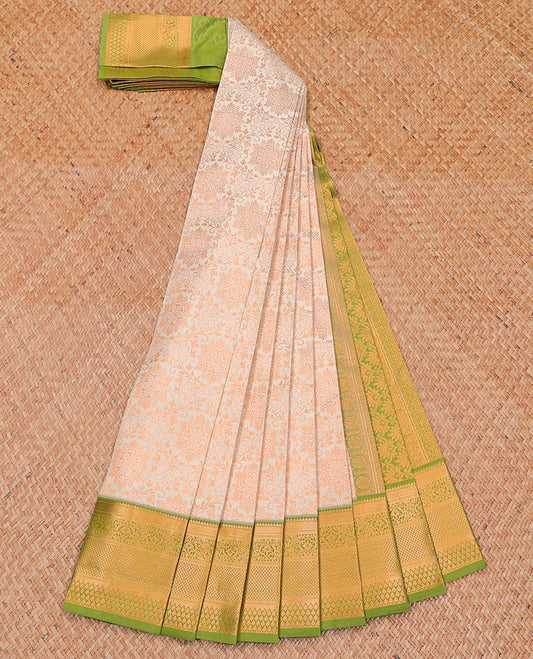 Cream jacquard wedding silksaree, contrast intricate design pallu & border of thilakam,paiyadi,muthu & mayil kann