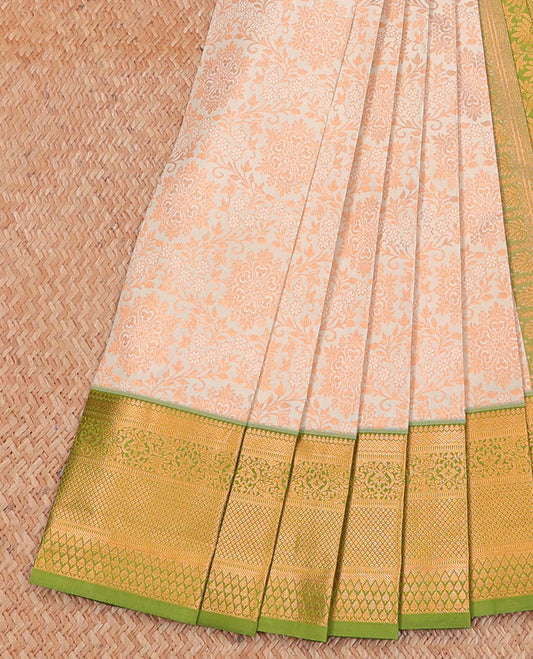 Cream jacquard wedding silksaree, contrast intricate design pallu & border of thilakam,paiyadi,muthu & mayil kann