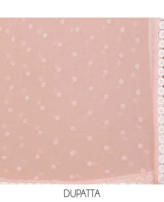 Pink material chudidhar set, abstract print & embroidery top, plain bottom & embroidered dupatta