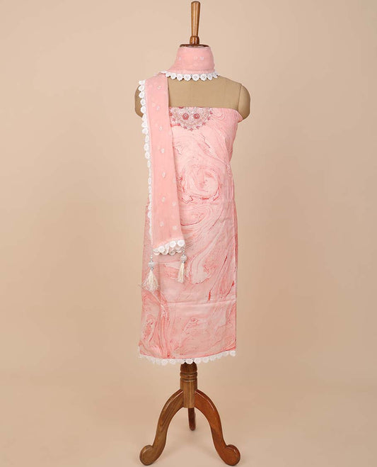 Pink material chudidhar set, abstract print & embroidery top, plain bottom & embroidered dupatta