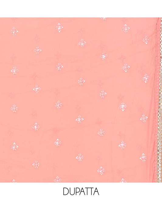 Pink material chudidhar set, floral vine print & embroidery top, plain bottom & sequins embroidered lace border dupatta