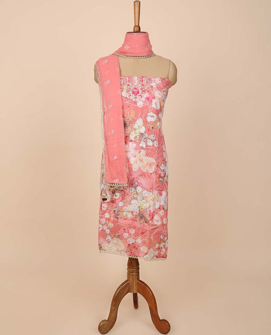 Pink material chudidhar set, floral vine print & embroidery top, plain bottom & sequins embroidered lace border dupatta