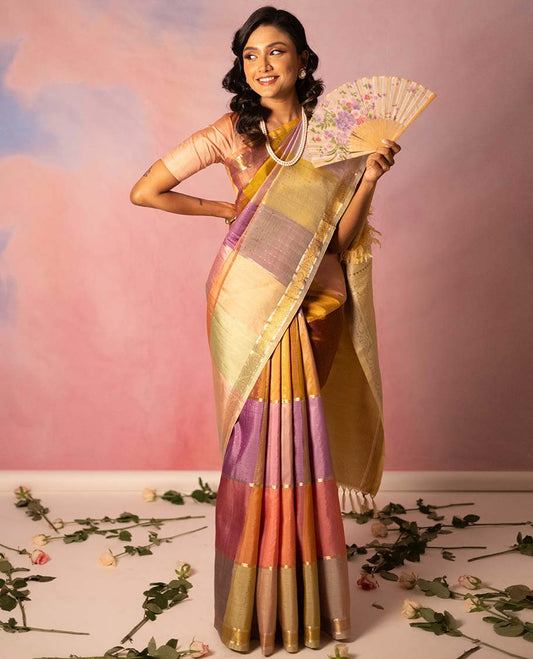 Multi-colorblock kanchipuram designer silksaree with zari design,zari border of dhavana kodi & pallu of intricate design