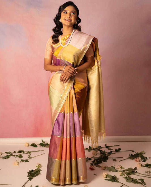 Multi-colorblock kanchipuram designer silksaree with zari design,zari border of dhavana kodi & pallu of intricate design