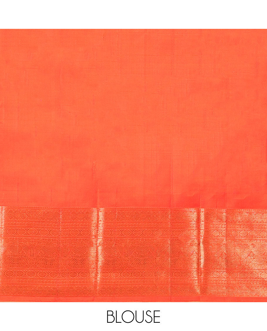 Orange buttas Kanchipuram silksaree, pallu flanked by iruthalai pakshi & border of kamalam,manga,iruthalai pakshi