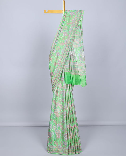 Green floral printed semi-banaras printed saree, self-border & pallu of floral print