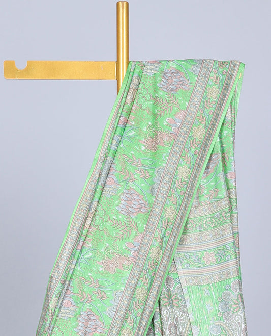 Green floral printed semi-banaras printed saree, self-border & pallu of floral print