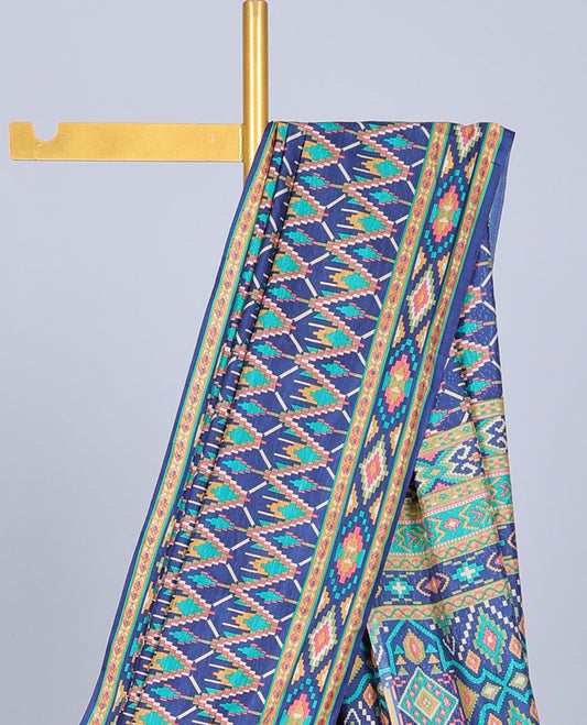 Blue geometric printed semi-banaras printed saree, self-border & pallu of geometric patterns