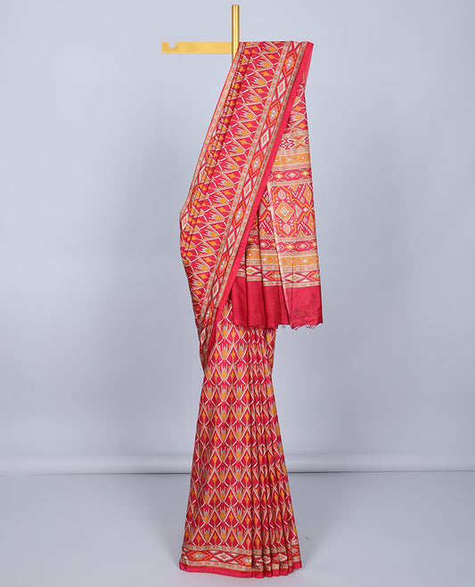 Red geometric printed semi-banaras printed saree, self-border & pallu of geometric patterns
