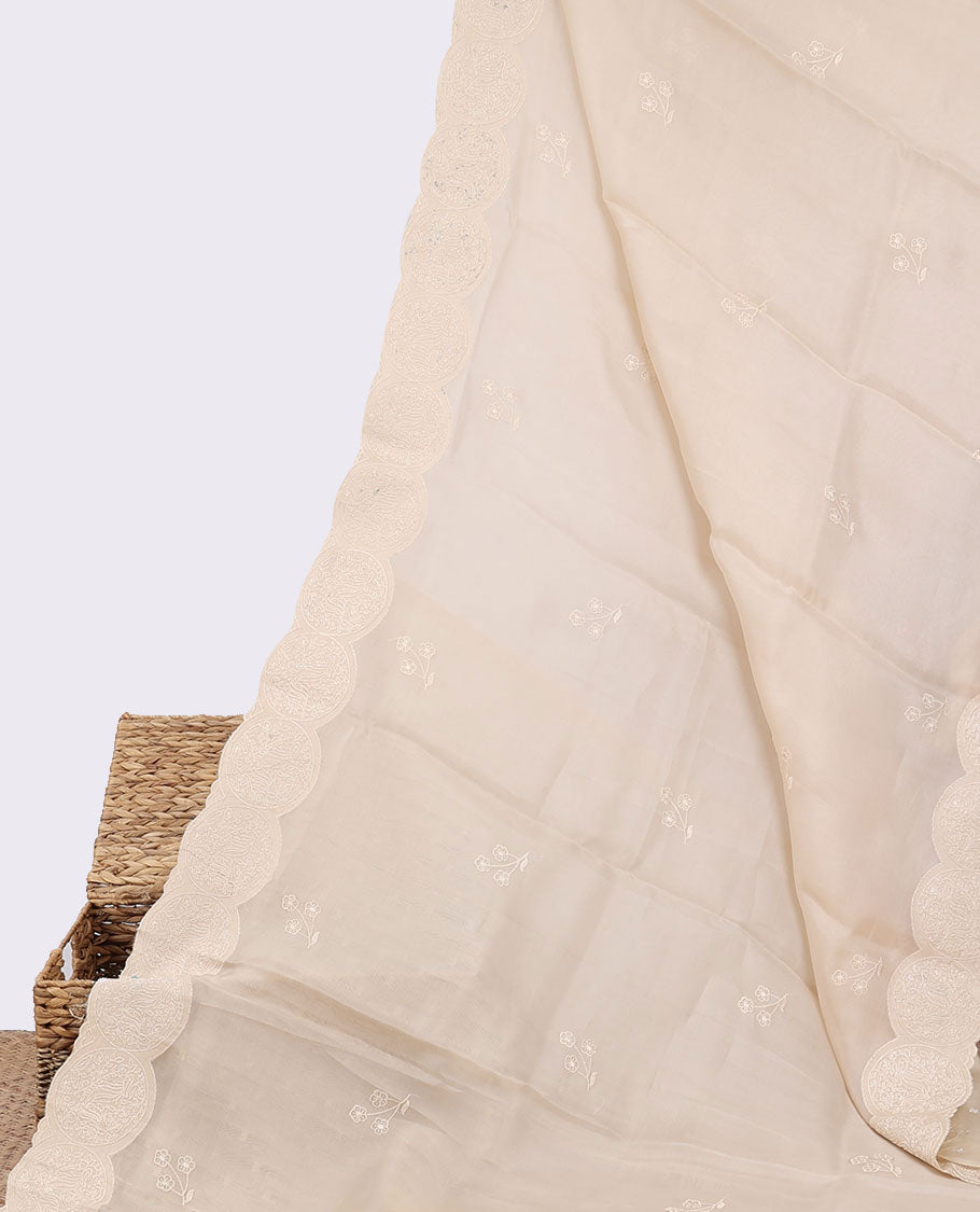 Light sandal floral motifs embroidered organza saree, round floral embroidered scallop border & floral embroidered pallu