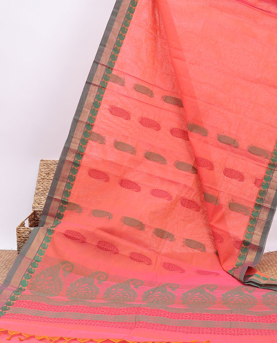Pink kanchi cotton saree with paisley buttas, contrast paisley border & pallu of paisley designs