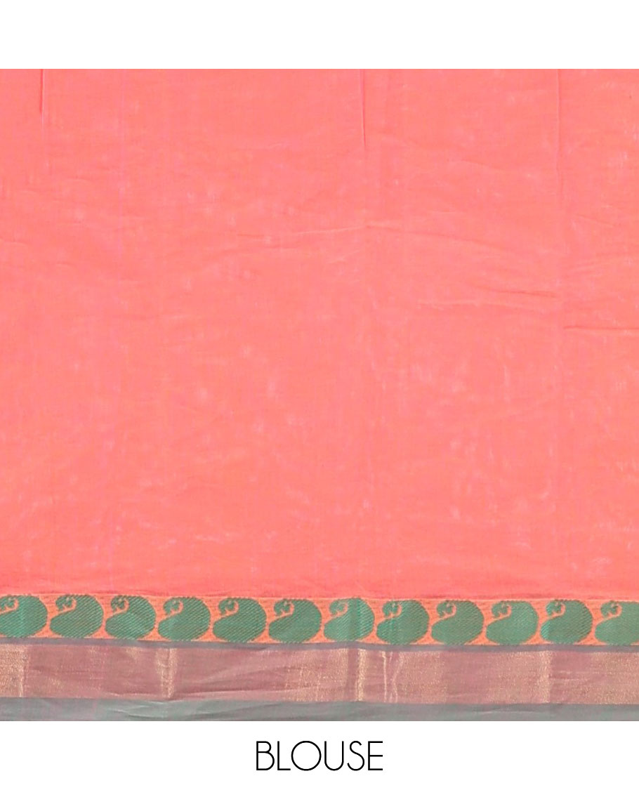 Pink kanchi cotton saree with paisley buttas, contrast paisley border & pallu of paisley designs