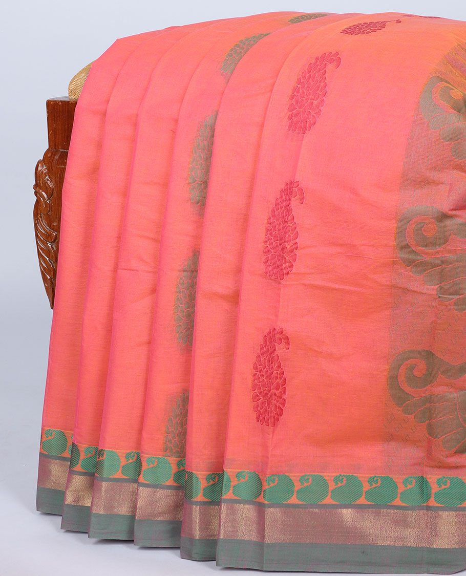Pink kanchi cotton saree with paisley buttas, contrast paisley border & pallu of paisley designs