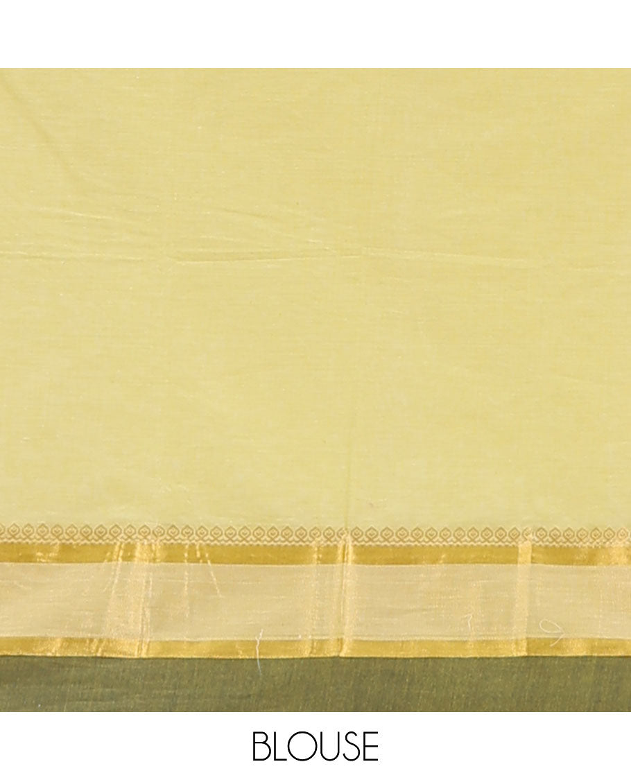 Green kanchi cotton saree with buttas, contrast traditional zari design border & pallu of leaf chevron & paisleys