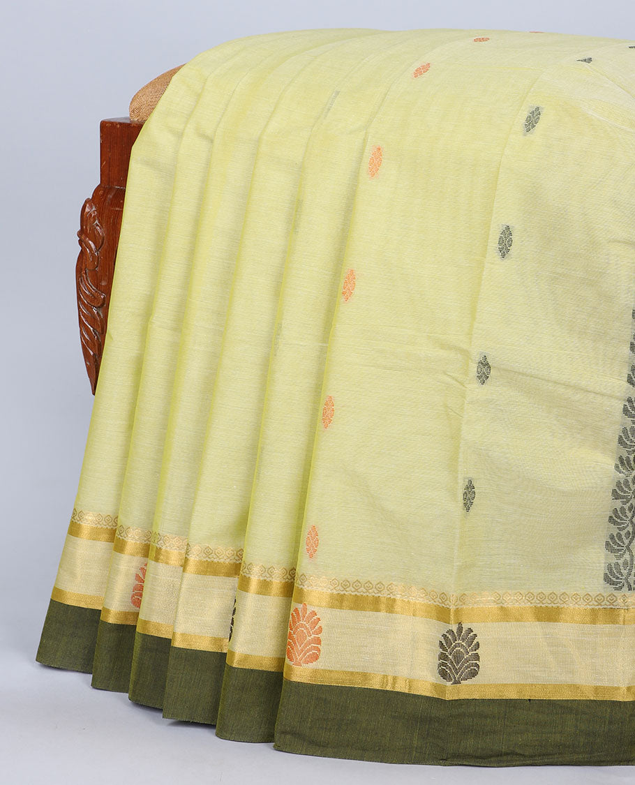 Green kanchi cotton saree with buttas, contrast traditional zari design border & pallu of leaf chevron & paisleys