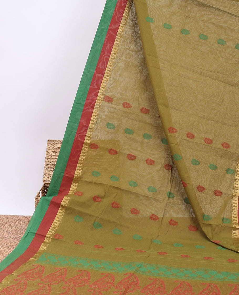 Green kanchi cotton saree with buttas, contrast double-color temple border & pallu of paisleys