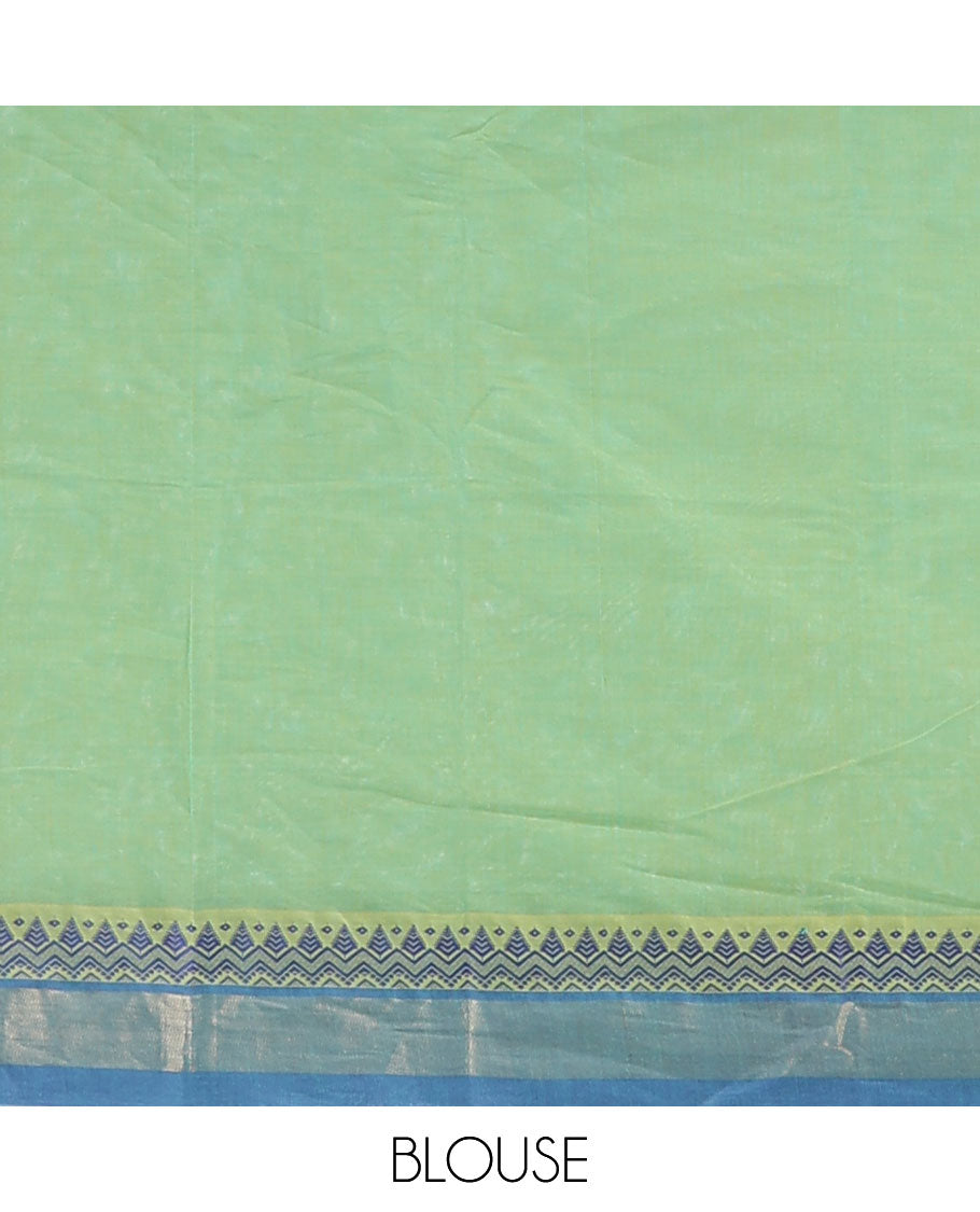 Green kanchi cotton saree with paisley buttas, contrast  temple border & pallu of floral designs